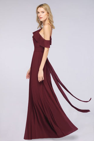 Vestido de dama de honor largo hasta el suelo con volantes, sin mangas y tirantes finos con lazo