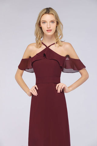 Vestido de dama de honor largo hasta el suelo con volantes, sin mangas y tirantes finos con lazo