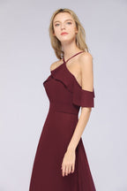 Spaghetti-Straps Sleeveless Ruffles Floor-Length Bridesmaid Dress with Bow Sash