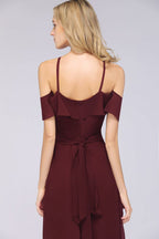 Spaghetti-Straps Sleeveless Ruffles Floor-Length Bridesmaid Dress with Bow Sash