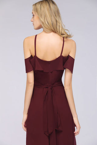 Vestido de dama de honor largo hasta el suelo con volantes, sin mangas y tirantes finos con lazo