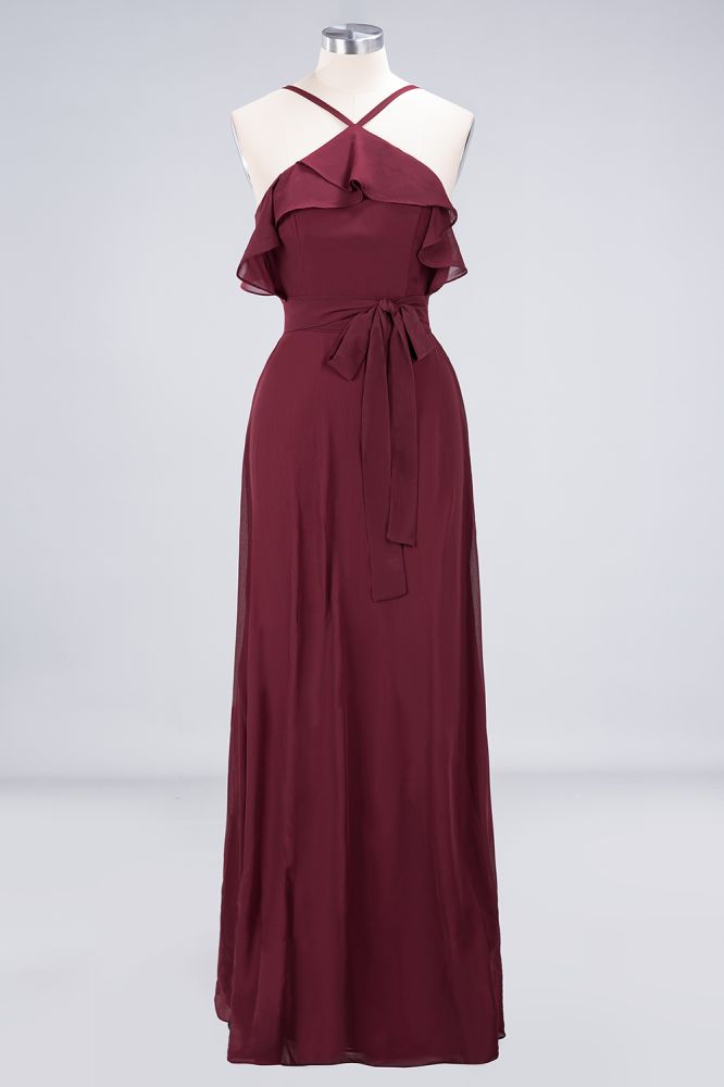Spaghetti-Straps Sleeveless Ruffles Floor-Length Bridesmaid Dress with Bow Sash