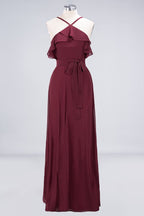 Spaghetti-Straps Sleeveless Ruffles Floor-Length Bridesmaid Dress with Bow Sash