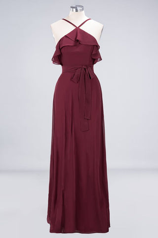 Vestido de dama de honor largo hasta el suelo con volantes, sin mangas y tirantes finos con lazo