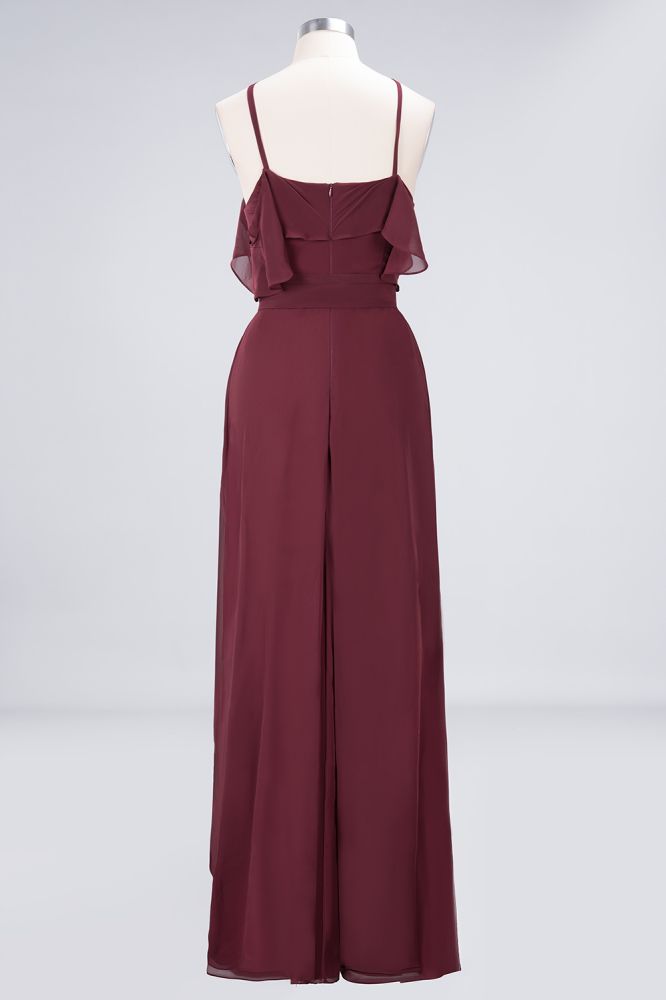 Spaghetti-Straps Sleeveless Ruffles Floor-Length Bridesmaid Dress with Bow Sash