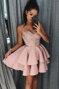 Spaghetti Straps Tiered Pink Satin Homecoming Dress with Sequins PD017 by pgmdress