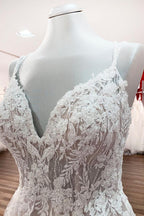 Spaghetti Straps Tulle V Neck Ivory Ruffles Wedding Dresses With Lace (ZD17536)
