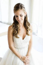 Spaghetti Straps V-neck A-line Wedding Dress with Crystals Belt WD534 by pgmdress