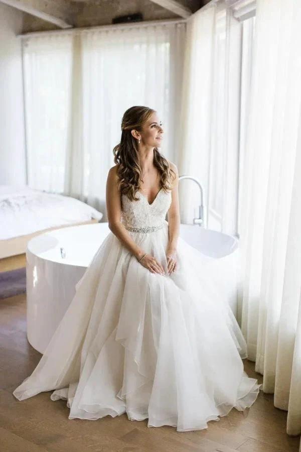 Spaghetti Straps V-neck A-line Wedding Dress with Crystals Belt WD534 by pgmdress