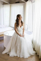 Spaghetti Straps V-neck A-line Wedding Dress with Crystals Belt WD534 by pgmdress