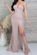 Spaghetti Straps V Neck Sequined High-Split Mermaid Prom Dresses by misshow.com