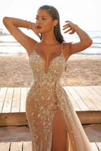 Spaghetti Straps V Neck Tulle Appliques Lace High-Split Mermaid Prom Dresses by misshow.com