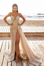 Spaghetti Straps V Neck Tulle Appliques Lace High-Split Mermaid Prom Dresses by misshow.com
