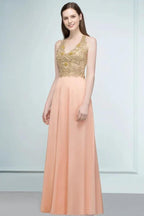 Spaghetti V-neck A-line Floor Length Appliqued Chiffon Bridesmaid Dresses by misshow.com