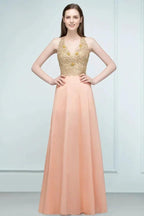 Spaghetti V-neck A-line Floor Length Appliqued Chiffon Bridesmaid Dresses by misshow.com