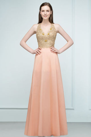 Spaghetti V-neck A-line Floor Length Appliqued Chiffon Bridesmaid Dresses