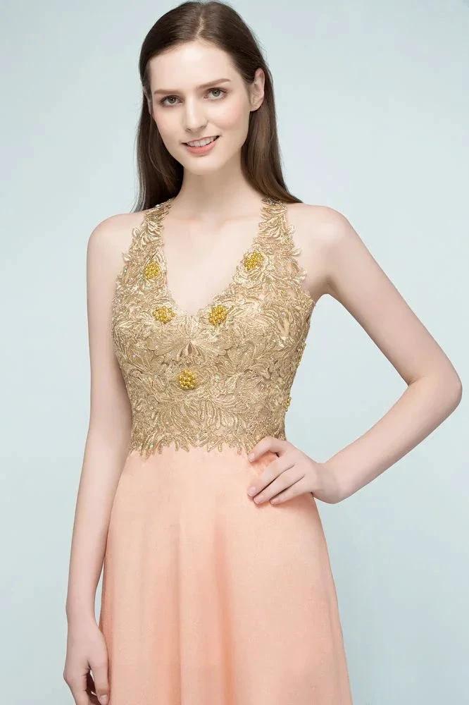 Spaghetti V-neck A-line Floor Length Appliqued Chiffon Bridesmaid Dresses by misshow.com