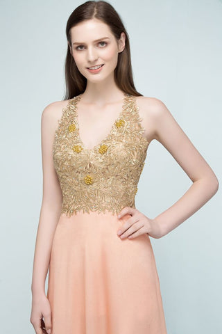Spaghetti V-neck A-line Floor Length Appliqued Chiffon Bridesmaid Dresses