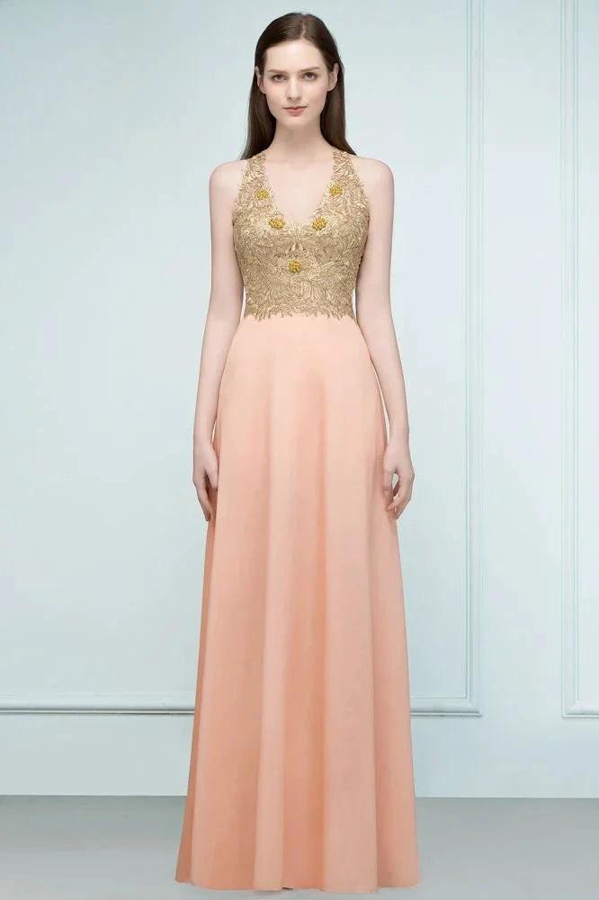 Spaghetti V-neck A-line Floor Length Appliqued Chiffon Bridesmaid Dresses by misshow.com