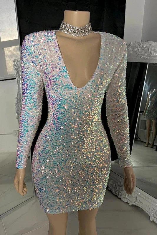 Sparking V-neck Long Sleeves Mini Prom Dress With Beads by misshow.com