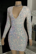 Sparking V-neck Long Sleeves Mini Prom Dress With Beads by misshow.com