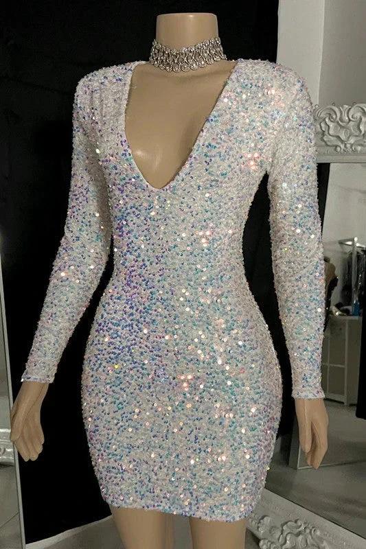 Sparking V-neck Long Sleeves Mini Prom Dress With Beads by misshow.com