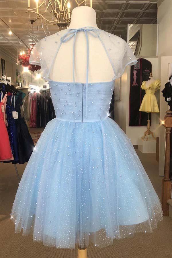 Sparkle Beaded Cap Sleeves Light Sky Blue Homecoming Dress PD314 by pgmdress