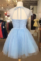 Sparkle Beaded Cap Sleeves Light Sky Blue Homecoming Dress PD314 by pgmdress
