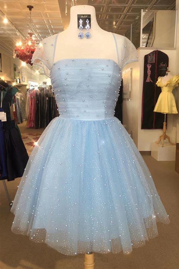 Sparkle Beaded Cap Sleeves Light Sky Blue Homecoming Dress PD314 by pgmdress