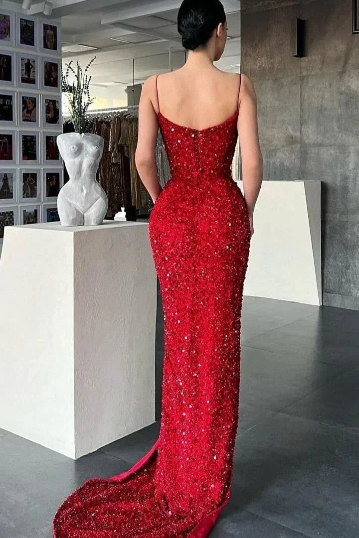 Sparkle Sexy Sleeveless Red Crystal Mermaid Split Prom Dresses by misshow.com