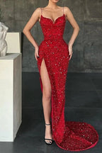 Sparkle Sexy Sleeveless Red Crystal Mermaid Split Prom Dresses by misshow.com