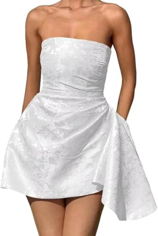 Beautiful Ruched Satin Mini Party Dress Strapless Floral Jacquard Homecoming Dress with Pocket by misshow.com