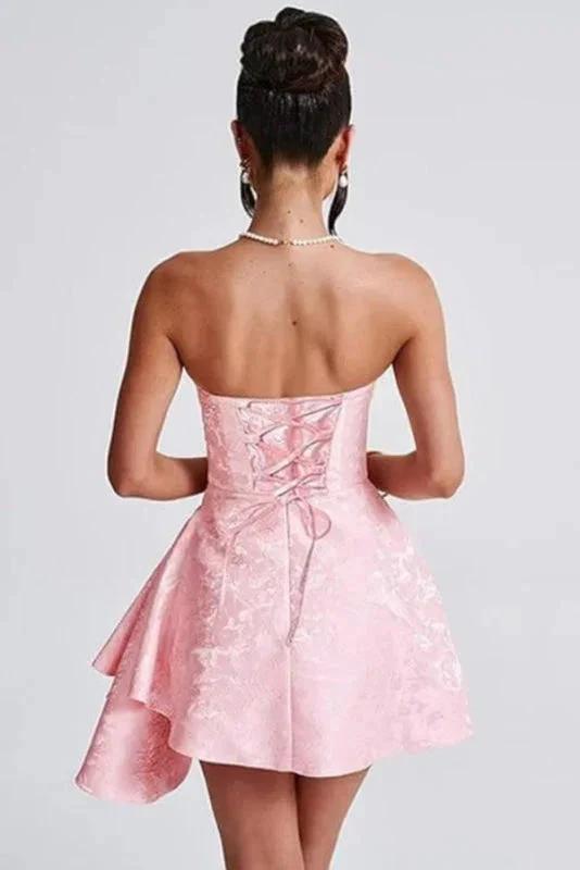 Beautiful Ruched Satin Mini Party Dress Strapless Floral Jacquard Homecoming Dress with Pocket by misshow.com