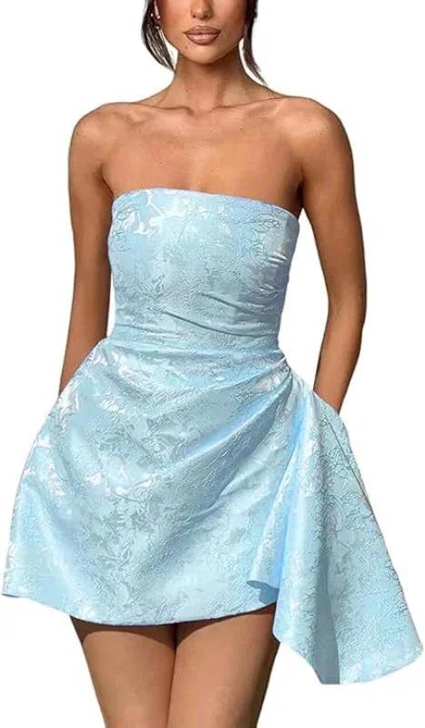 Beautiful Ruched Satin Mini Party Dress Strapless Floral Jacquard Homecoming Dress with Pocket by misshow.com
