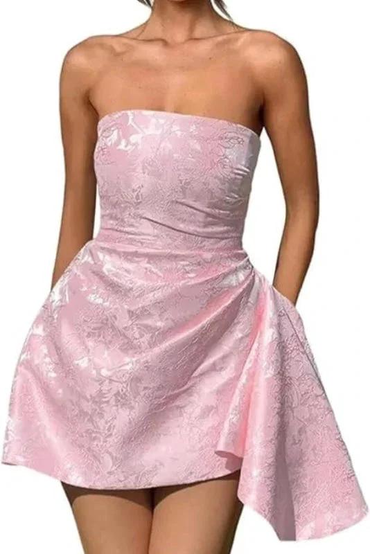 Beautiful Ruched Satin Mini Party Dress Strapless Floral Jacquard Homecoming Dress with Pocket by misshow.com
