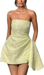 Beautiful Ruched Satin Mini Party Dress Strapless Floral Jacquard Homecoming Dress with Pocket by misshow.com