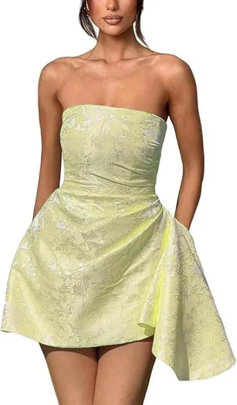 Beautiful Ruched Satin Mini Party Dress Strapless Floral Jacquard Homecoming Dress with Pocket by misshow.com