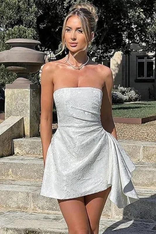 Beautiful Ruched Satin Mini Party Dress Strapless Floral Jacquard Homecoming Dress with Pocket by misshow.com