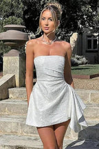 Beautiful Ruched Satin Mini Party Dress Strapless Floral Jacquard Homecoming Dress with Pocket by misshow.com
