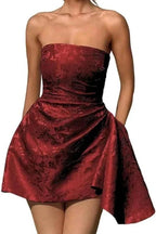 Beautiful Ruched Satin Mini Party Dress Strapless Floral Jacquard Homecoming Dress with Pocket by misshow.com