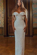 Sparkle White Off-the-shoulder Sequined Column Prom Dress by misshow.com