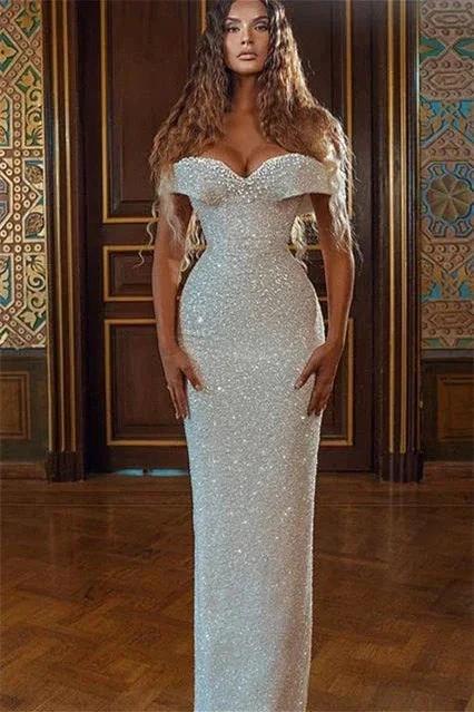 Sparkle White Off-the-shoulder Sequined Column Prom Dress by misshow.com
