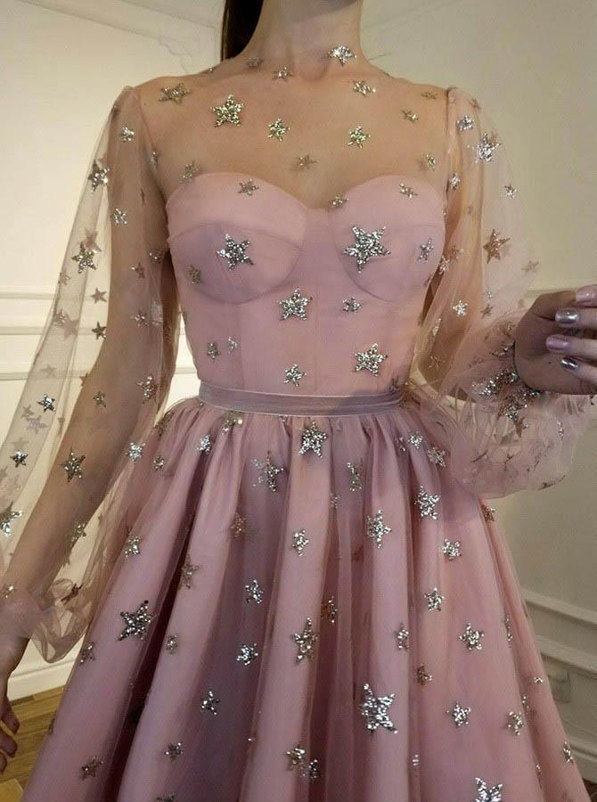 Vestido de fiesta brillante de corte A, cuello redondo, mangas largas y lentejuelas PD257