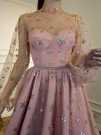 Vestido de fiesta brillante de corte A, cuello redondo, mangas largas y lentejuelas PD257