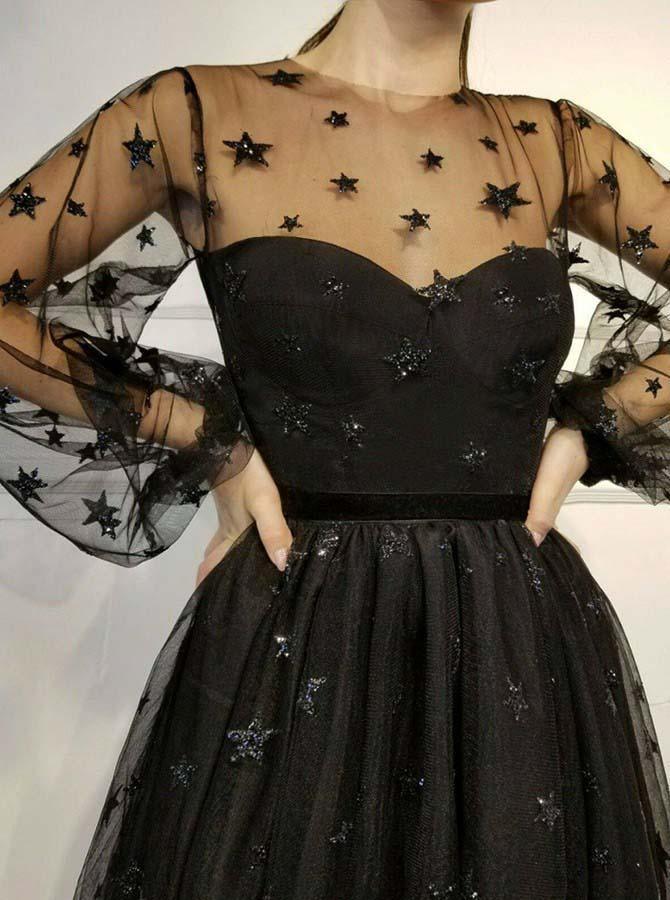 Vestido de fiesta brillante de corte A, cuello redondo, mangas largas y lentejuelas PD257