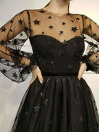 Vestido de fiesta brillante de corte A, cuello redondo, mangas largas y lentejuelas PD257