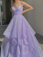 Sparkly A-line V Neck Long Prom Dresses Fluffy Purple Formal Evening Dresses by BIZTUNNEL