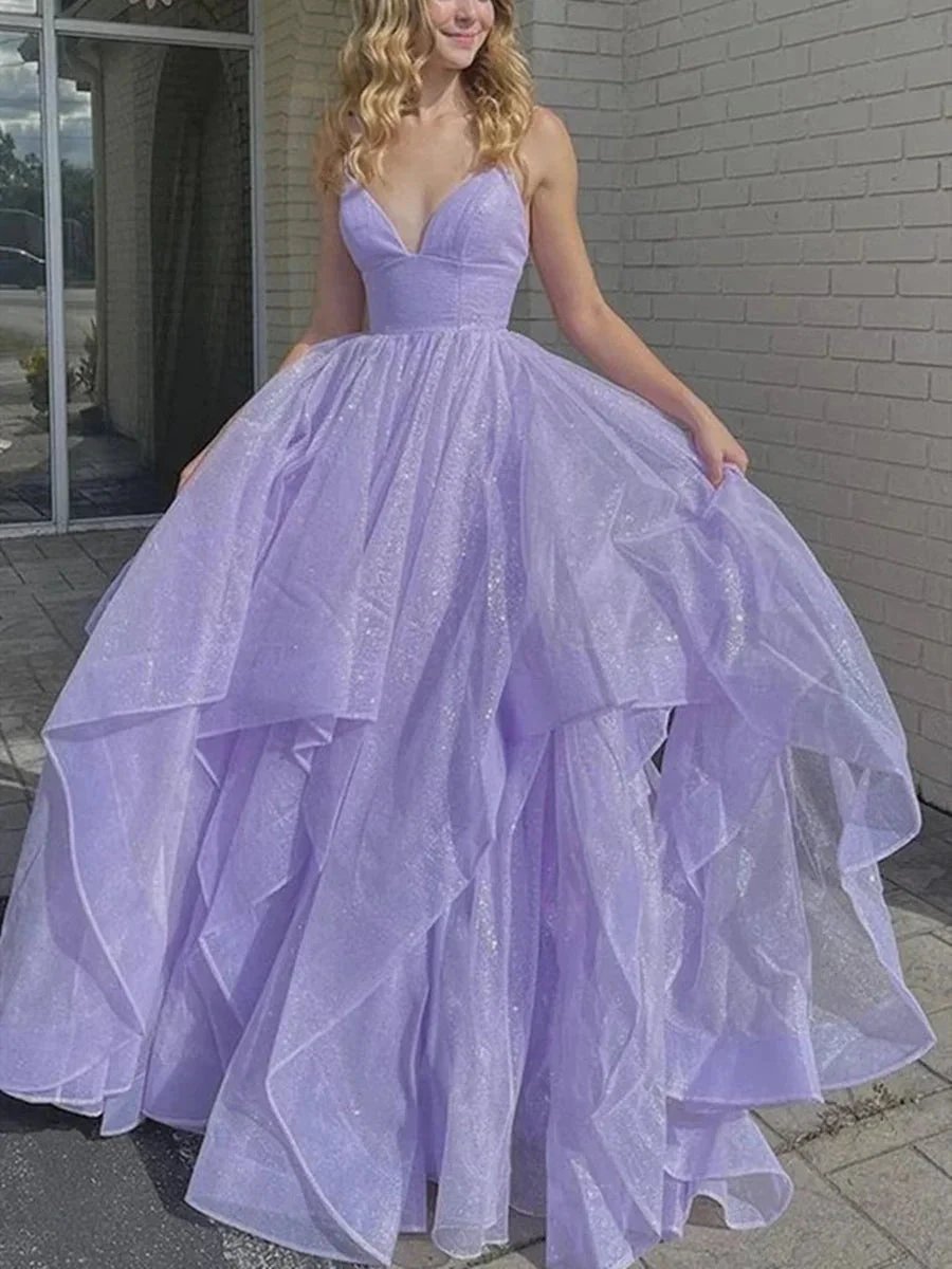 Sparkly A-line V Neck Long Prom Dresses Fluffy Purple Formal Evening Dresses by BIZTUNNEL
