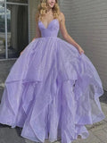 Sparkly A-line V Neck Long Prom Dresses Fluffy Purple Formal Evening Dresses by BIZTUNNEL