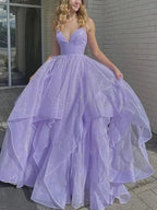 Sparkly A-line V Neck Long Prom Dresses Fluffy Purple Formal Evening Dresses by BIZTUNNEL